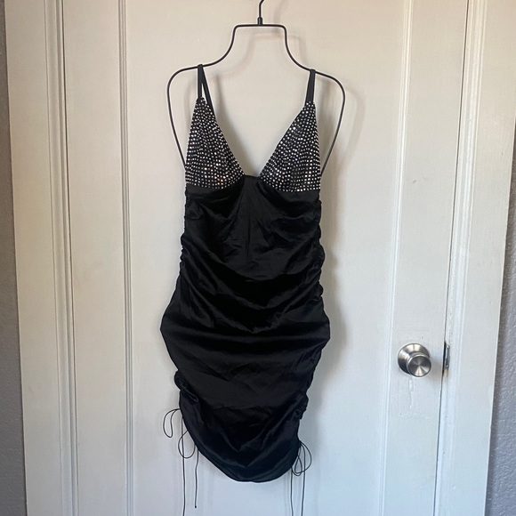 For Love And Lemons Dresses & Skirts - For Love And Lemons - Rouched Satin Black Mini Dress w/ Bedazzled Cups